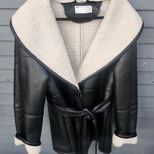 ASOS Black Faux Leather Teddy Jacket with Cream Shearling Lining